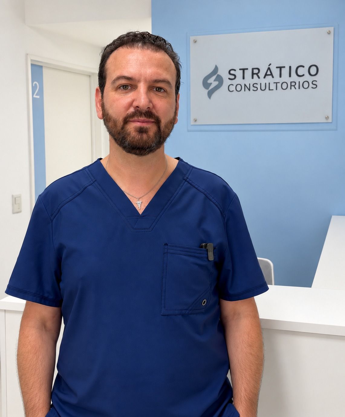 El Lic. Federico Strático, con ambo azul, de frente en la recepción del consultorio con el logo de Strático detrás